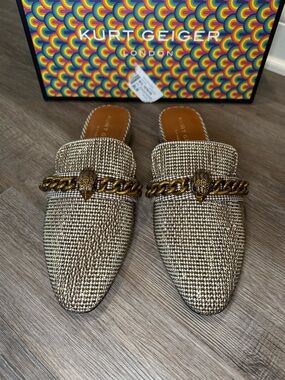Kurt Geiger Chelsea Flat Beige Houndstooth Chain Hardware Mules